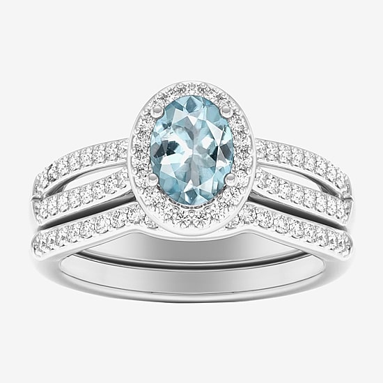 Womens 1/2 CT. T.W. Genuine Blue Sapphire 10K Gold Oval Side Stone Halo Engagement Ring