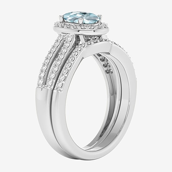 Womens 1/2 CT. T.W. Genuine Blue Sapphire 10K Gold Oval Side Stone Halo Engagement Ring