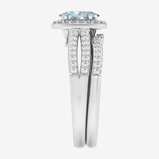 Womens 1/2 CT. T.W. Genuine Blue Sapphire 10K Gold Oval Side Stone Halo Engagement Ring