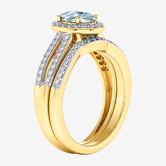 Modern Bride Gemstone Womens 1/2 CT. T.W. Lead Glass-Filled Red Ruby 10K Gold Oval Side Stone Halo Engagement Ring