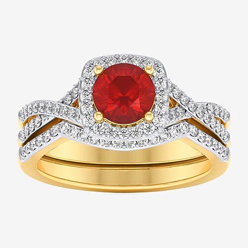 Modern Bride Gemstone and 1/2 CT. T.W. Lab-Grown Diamond 2-PC Cushion Halo Crossover Bridal Set in 10K White or Yellow Gold, 9, Ruby