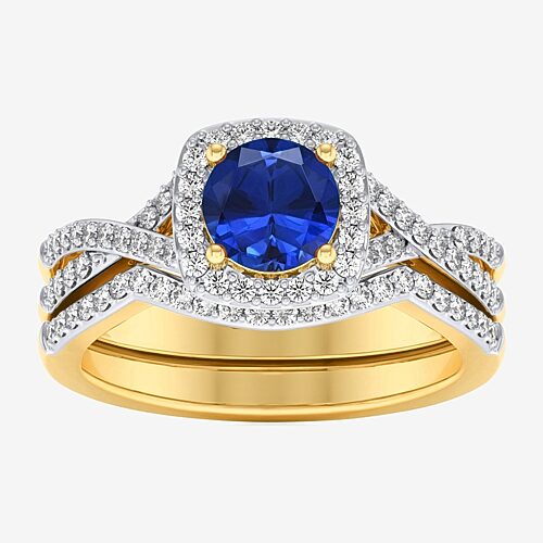 Modern Bride Gemstone and 1/2 CT. T.W. Lab-Grown Diamond 2-PC Cushion Halo Crossover Bridal Set in 10K White or Yellow Gold, 9, Blue Sapphire