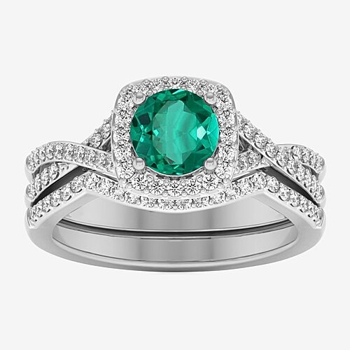 Modern Bride Gemstone and 1/2 CT. T.W. Lab-Grown Diamond 2-PC Cushion Halo Crossover Bridal Set in 10K White or Yellow Gold, 9, Emerald