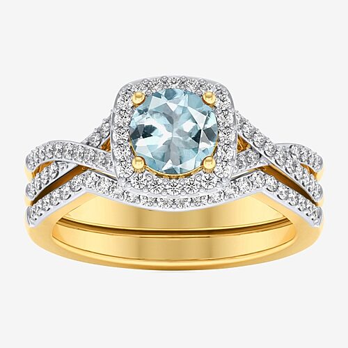 Modern Bride Gemstone and 1/2 CT. T.W. Lab-Grown Diamond 2-PC Cushion Halo Crossover Bridal Set in 10K White or Yellow Gold, 7, Aquamarine
