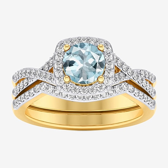 Modern Bride Gemstone and 1/2 CT. T.W. Lab-Grown Diamond 2-PC Cushion Halo Crossover Bridal Set in 10K White or Yellow Gold