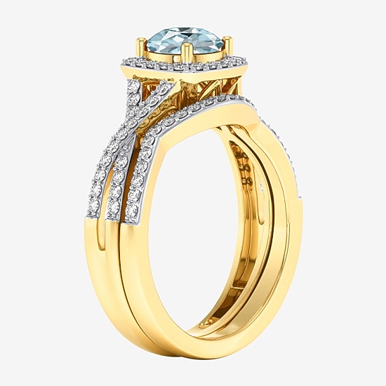 Modern Bride Gemstone and 1/2 CT. T.W. Lab-Grown Diamond 2-PC Cushion Halo Crossover Bridal Set in 10K White or Yellow Gold