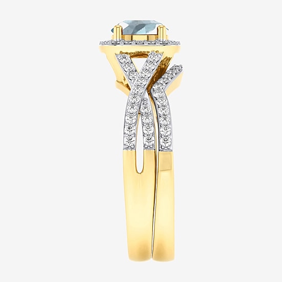 Modern Bride Gemstone and 1/2 CT. T.W. Lab-Grown Diamond 2-PC Cushion Halo Crossover Bridal Set in 10K White or Yellow Gold