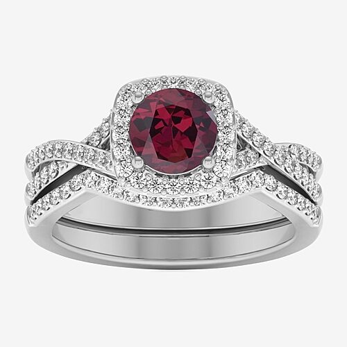 Modern Bride Gemstone and 1/2 CT. T.W. Lab-Grown Diamond 2-PC Cushion Halo Crossover Bridal Set in 10K White or Yellow Gold, 9, Rhodolite Garnet
