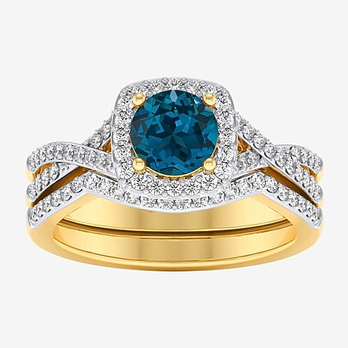 Modern Bride Gemstone and 1/2 CT. T.W. Lab-Grown Diamond 2-PC Cushion Halo Crossover Bridal Set in 10K White or Yellow Gold, 9, London Blue Topaz