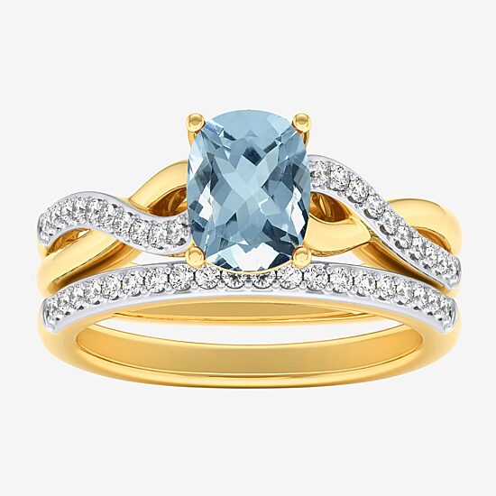 Modern Bride Gemstone Womens 1/3 CT. T.W. Genuine Blue Aquamarine 10K Gold Cushion Side Stone Crossover Bridal Set