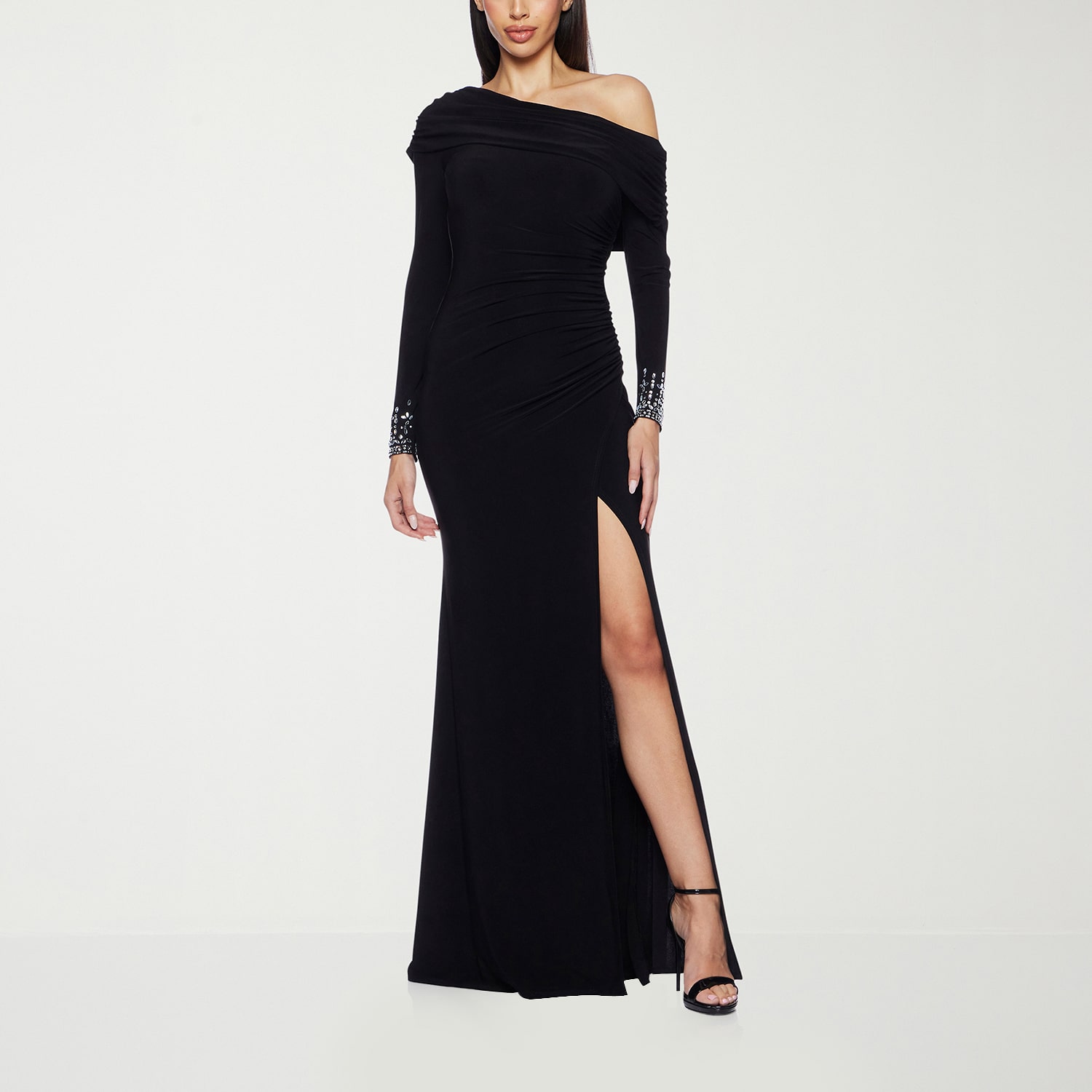 Premier Amour Womens Asymmetrical Neck Long Sleeve Off the Shoulder Embellished Evening Gown