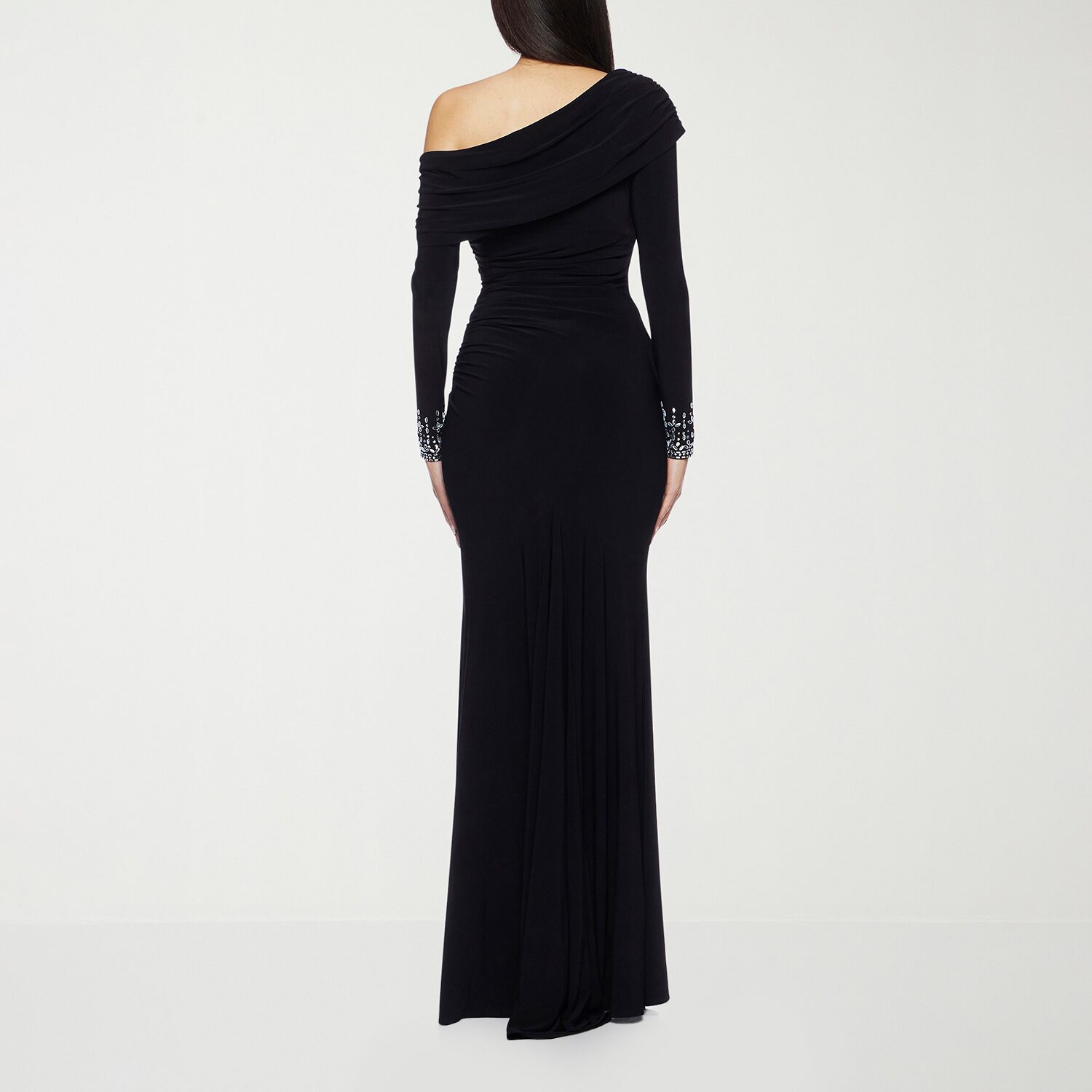 Premier Amour Womens Asymmetrical Neck Long Sleeve Off the Shoulder Embellished Evening Gown