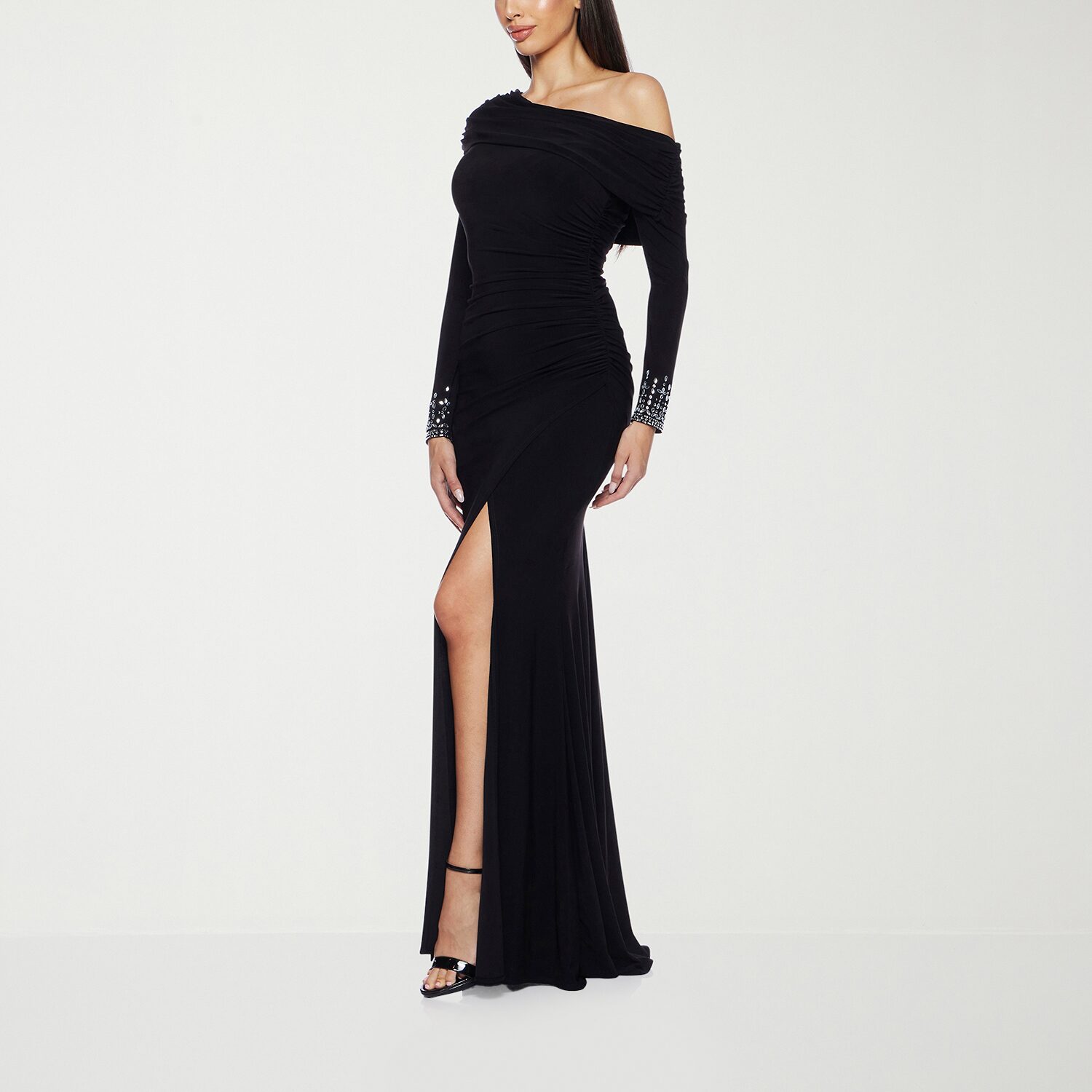 Premier Amour Womens Asymmetrical Neck Long Sleeve Off the Shoulder Embellished Evening Gown