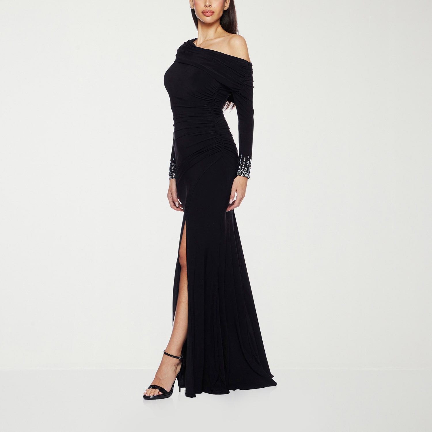 Premier Amour Womens Asymmetrical Neck Long Sleeve Off the Shoulder Embellished Evening Gown