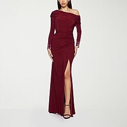 red church dress Dorinda Clark Cole 310002-RED-QS / 16 Step into a world of timeless elegance with the Lily And Taylor 4896 Ophelia Wine Long Sleeve Modest