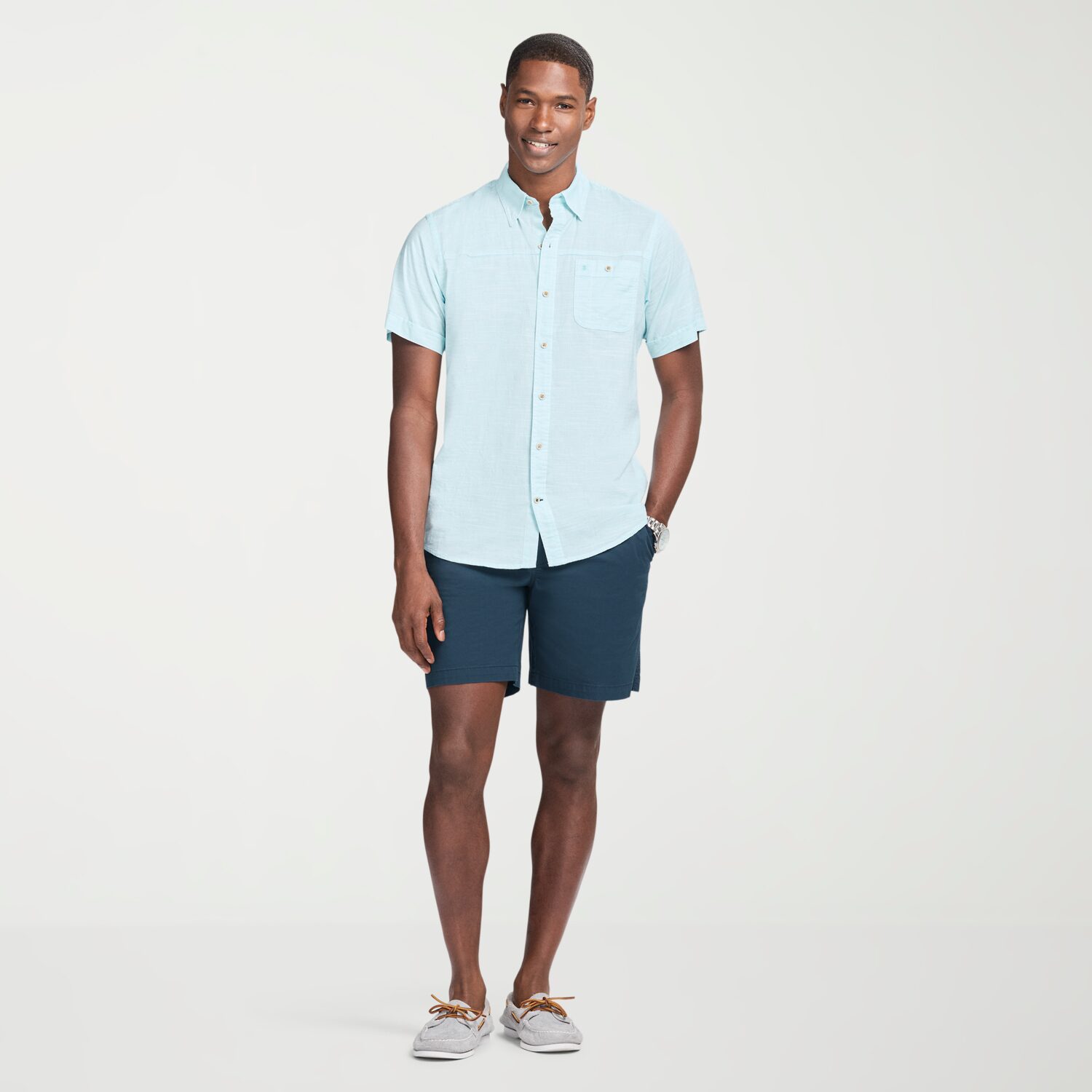 IZOD Dockside Chambray Mens Short Sleeve Classic Fit Button-Down Shirt