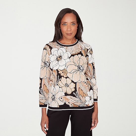 Alfred Dunner Seville Womens Crew Neck Embellished 3/4 Sleeve Floral Pullover Sweater