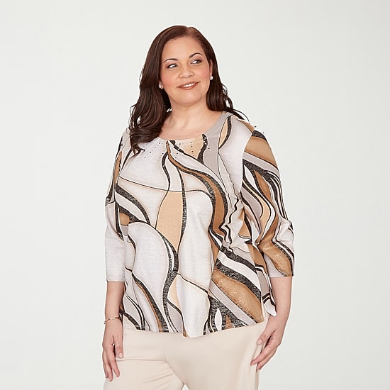 Alfred Dunner Seville Womens Plus Crew Neck 3/4 Sleeve T-Shirt