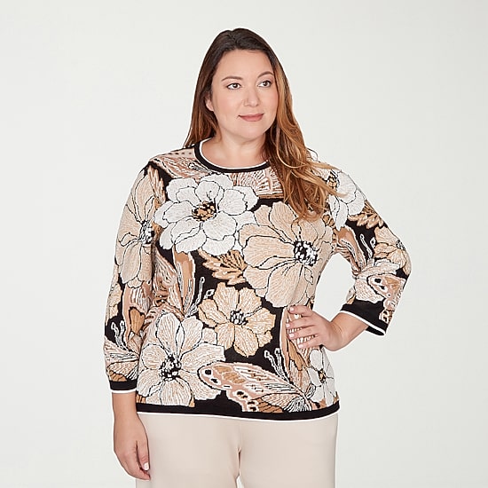 Alfred Dunner Plus Seville Womens Crew Neck 3/4 Sleeve Argyle Pullover Sweater