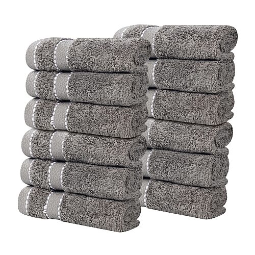 Superior Niles Egypt Produced Giza Dobby Ultra-Plush Thick Soft Absorbent 12-Piece Face Towel Washcloth Set - Charcoal