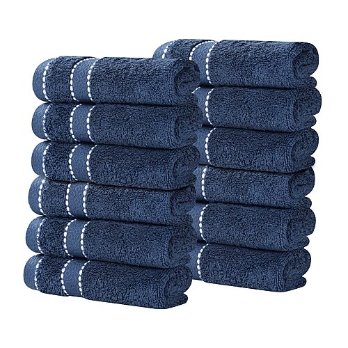 Superior Niles Egypt Produced Giza Dobby Ultra-Plush Thick Soft Absorbent 12-Piece Face Towel Washcloth Set - Navy Blue