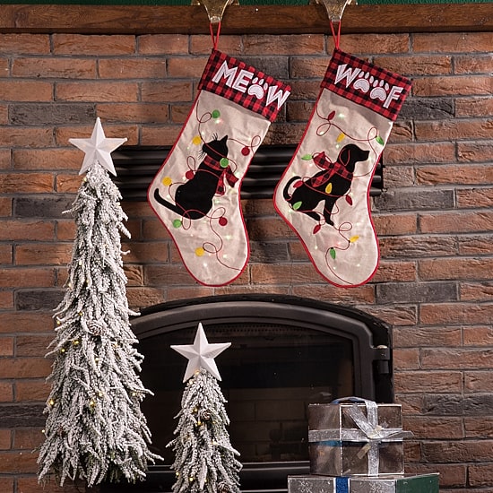 Glitzhome Led Embroidered Linen Dog Christmas Stocking