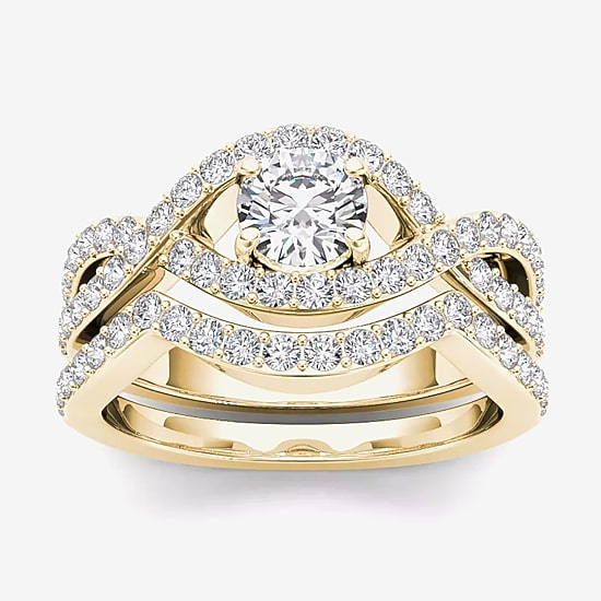 Womens 1 1/2 CT. T.W. Natural White Diamond 14K Gold Round Side Stone Crossover Bridal Set