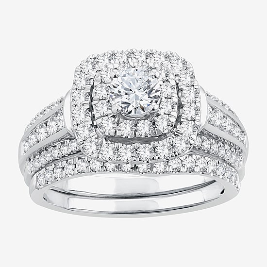 Signature By Modern Bride Womens 1 1/2 CT. T.W. Natural White Diamond 14K Gold Cushion Bridal Set
