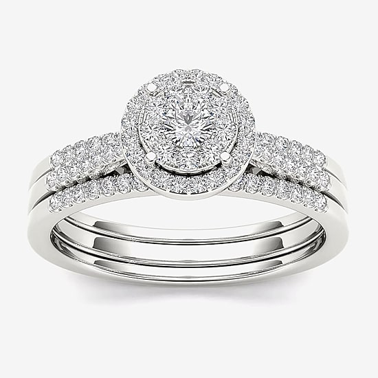 1/2 CT.T.W. Natural Diamond 10K White Gold Halo Bridal Ring Set