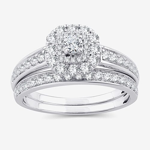 Womens 1 CT. T.W. Natural White Diamond 10K Gold Cushion Side Stone Halo Bridal Set, 8, White
