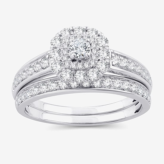 Womens 1 CT. T.W. Natural White Diamond 10K Gold Cushion Side Stone Halo Bridal Set
