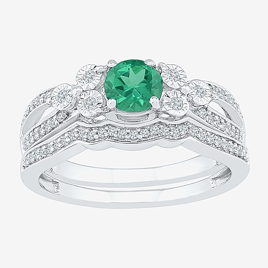 Modern Bride Gemstone Lab Created Emerald & 1/5 CT. T.W. Diamond Sterling Silver Bridal Set