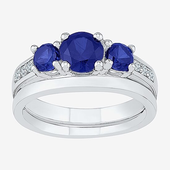 Modern Bride Gemstone Womens Blue & White Lab Created Sapphire Sterling Silver Bridal Set