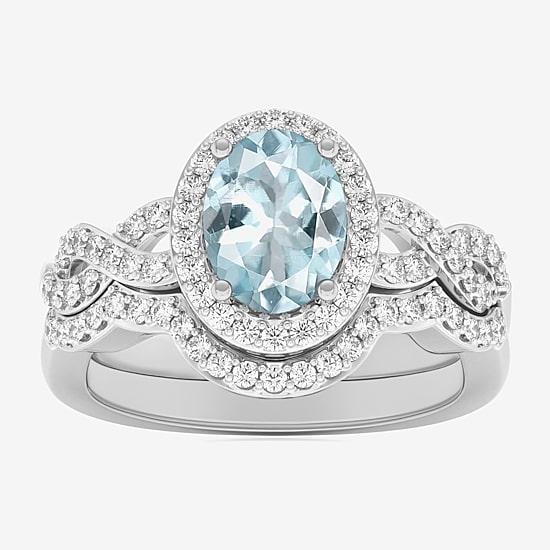Modern Bride Gemstone Womens 1/2 CT. T.W. Genuine Blue Topaz 10K Gold Oval Side Stone Crossover Engagement Ring