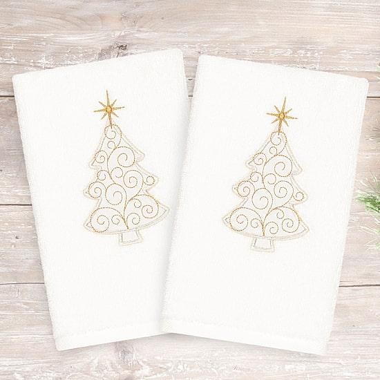 Linum Home Textiles Xmas Scroll Tree Embroidered 2-pc. Hand Towel