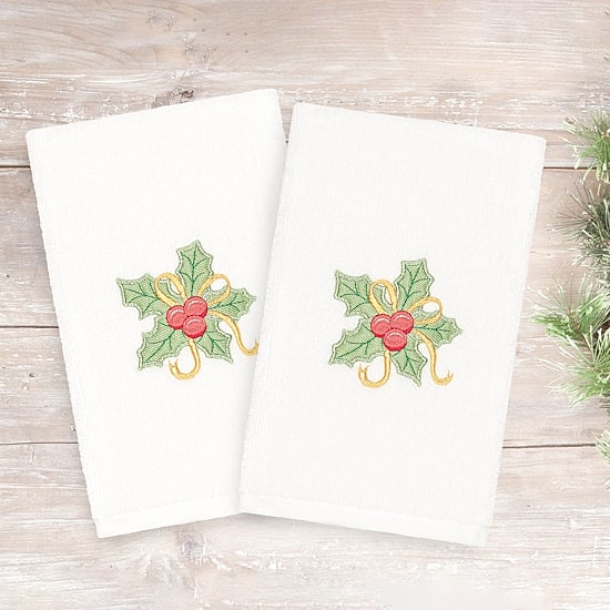 Linum Home Textiles Xmas Holly Bunch Embroidered 2-pc. Hand Towel