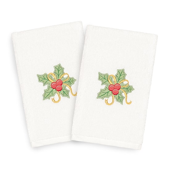 Linum Home Textiles Xmas Holly Bunch Embroidered 2-pc. Hand Towel