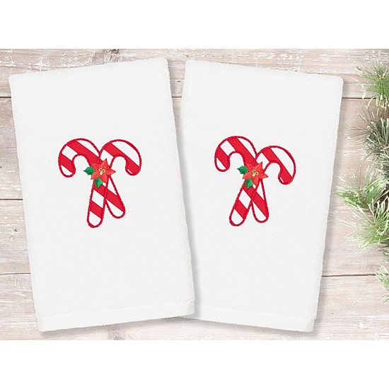 Linum Home Textiles Xmas Candy Canes Embroidered 2-pc. Hand Towel
