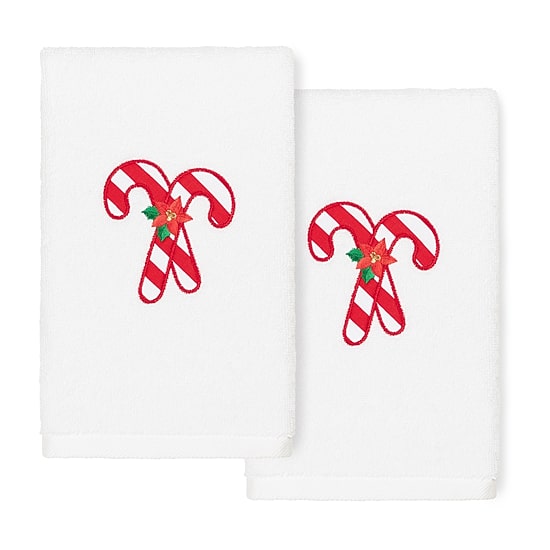 Linum Home Textiles Xmas Candy Canes Embroidered 2-pc. Hand Towel