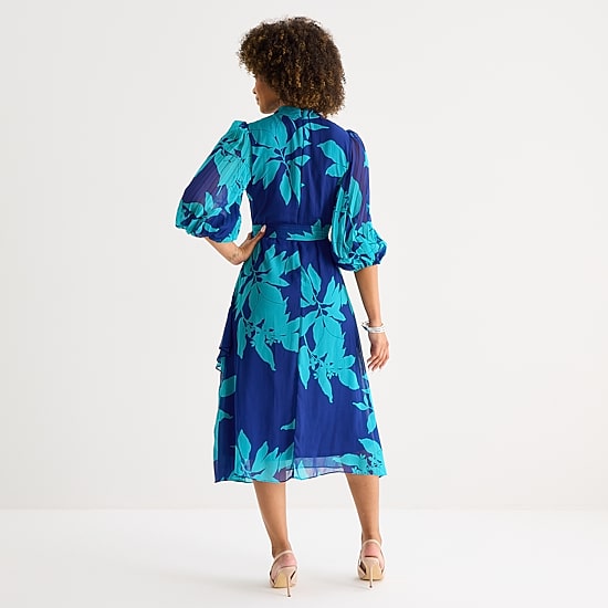 Melonie T Womens Midi Mock Neck 3/4 Sleeve Balloon Floral Fit + Flare Dress