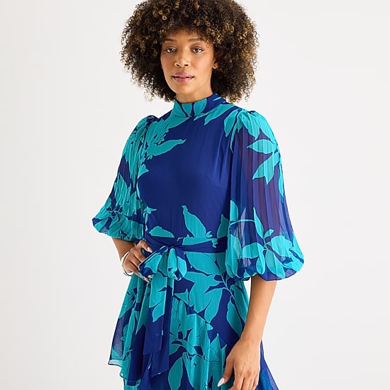 Melonie T Womens Midi Mock Neck 3/4 Sleeve Balloon Floral Fit + Flare Dress
