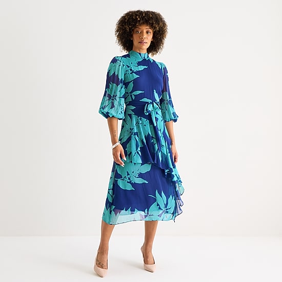 Melonie T Womens Midi Mock Neck 3/4 Sleeve Balloon Floral Fit + Flare Dress