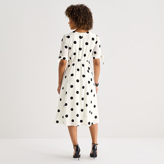 52seven Womens Midi V Neck Short Sleeve Dots Fit + Flare Dress