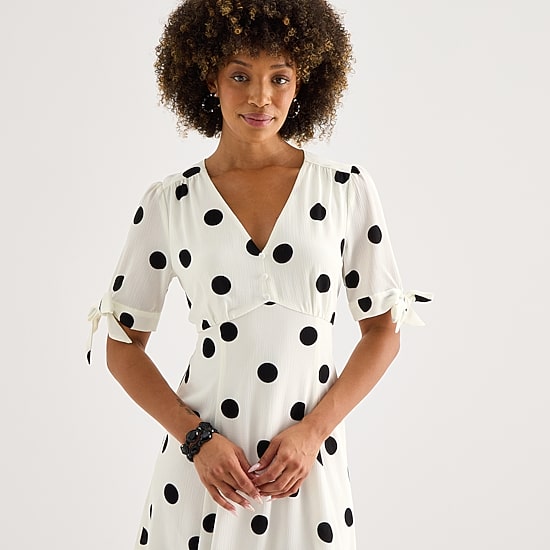 52seven Womens Midi V Neck Short Sleeve Dots Fit + Flare Dress