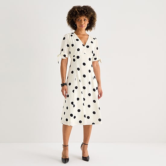 52seven Womens Midi V Neck Short Sleeve Dots Fit + Flare Dress