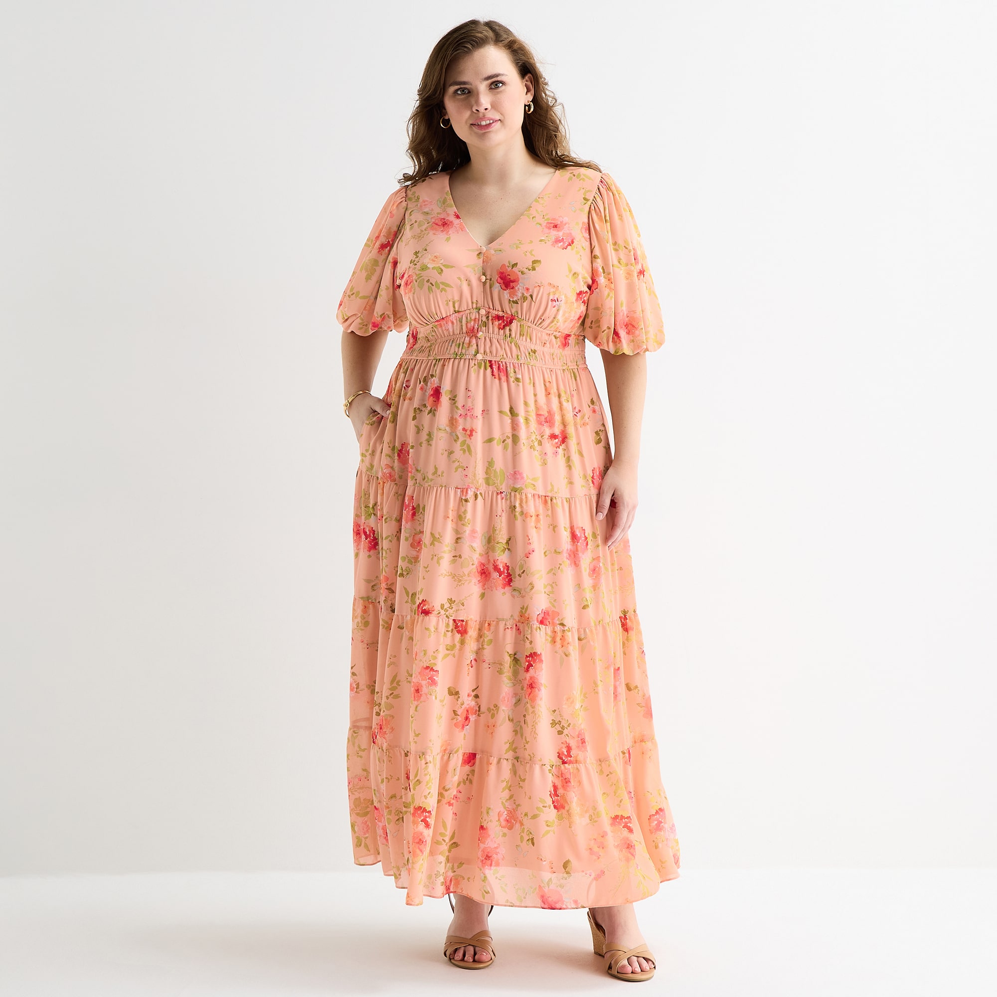 Melonie T Womens Plus V Neck 3/4 Sleeve Balloon Maxi Dress