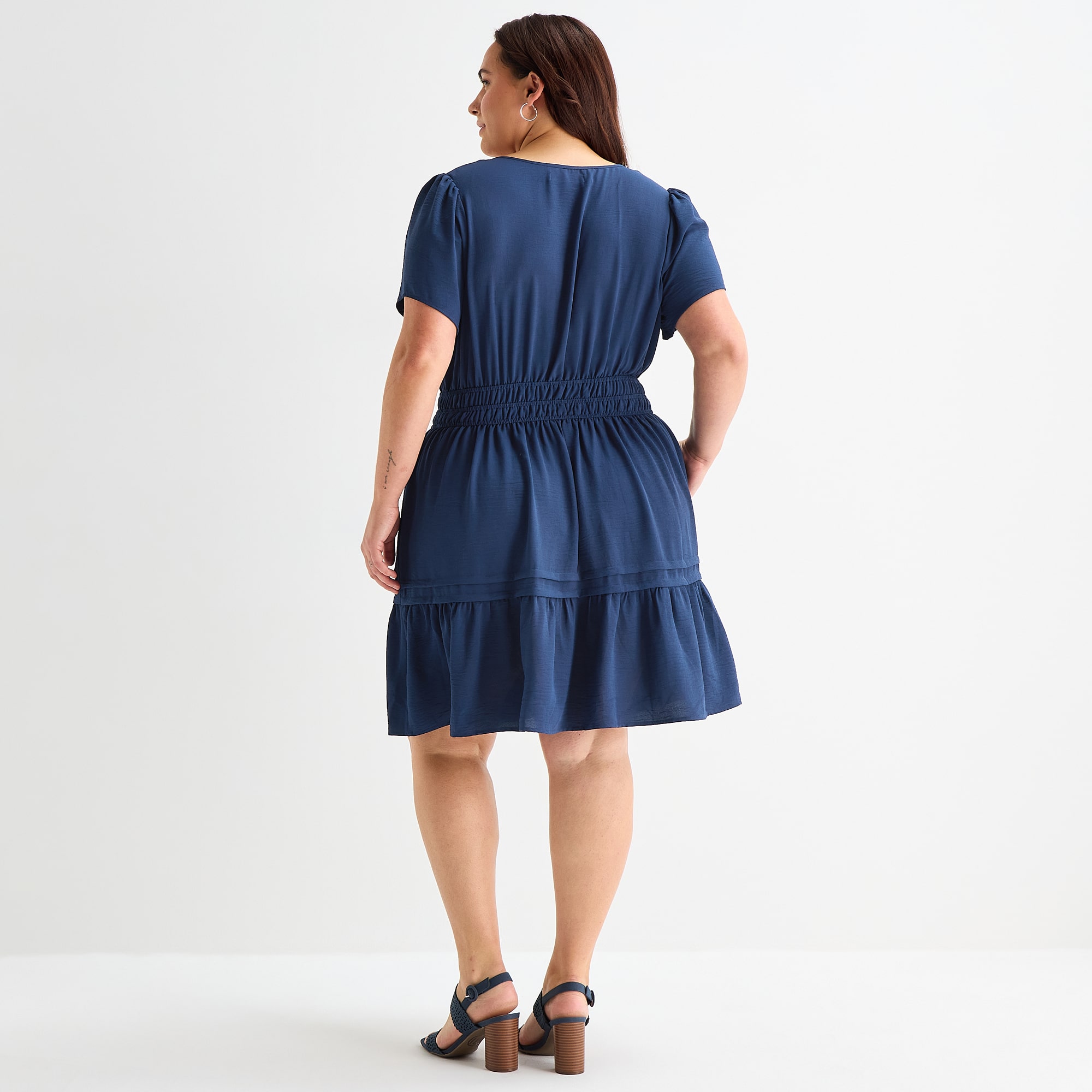 Be by CHETTA B Womens Plus Split Crew Neck Short Sleeve Fitted Fit + Flare Dress