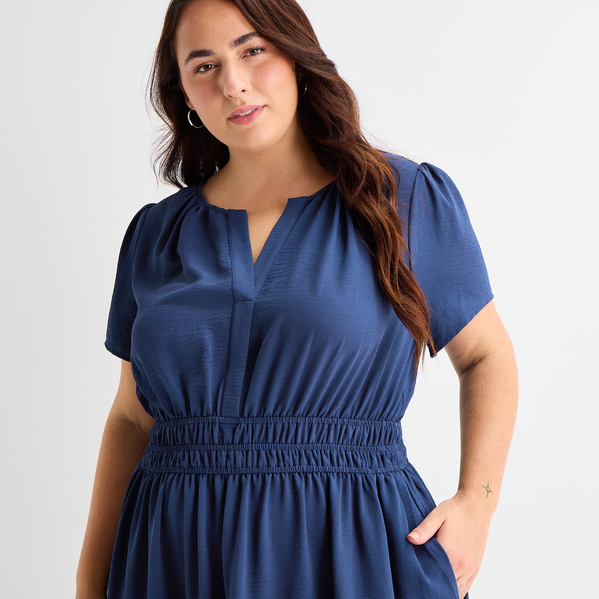 Be by CHETTA B Womens Plus Split Crew Neck Short Sleeve Fitted Fit + Flare Dress