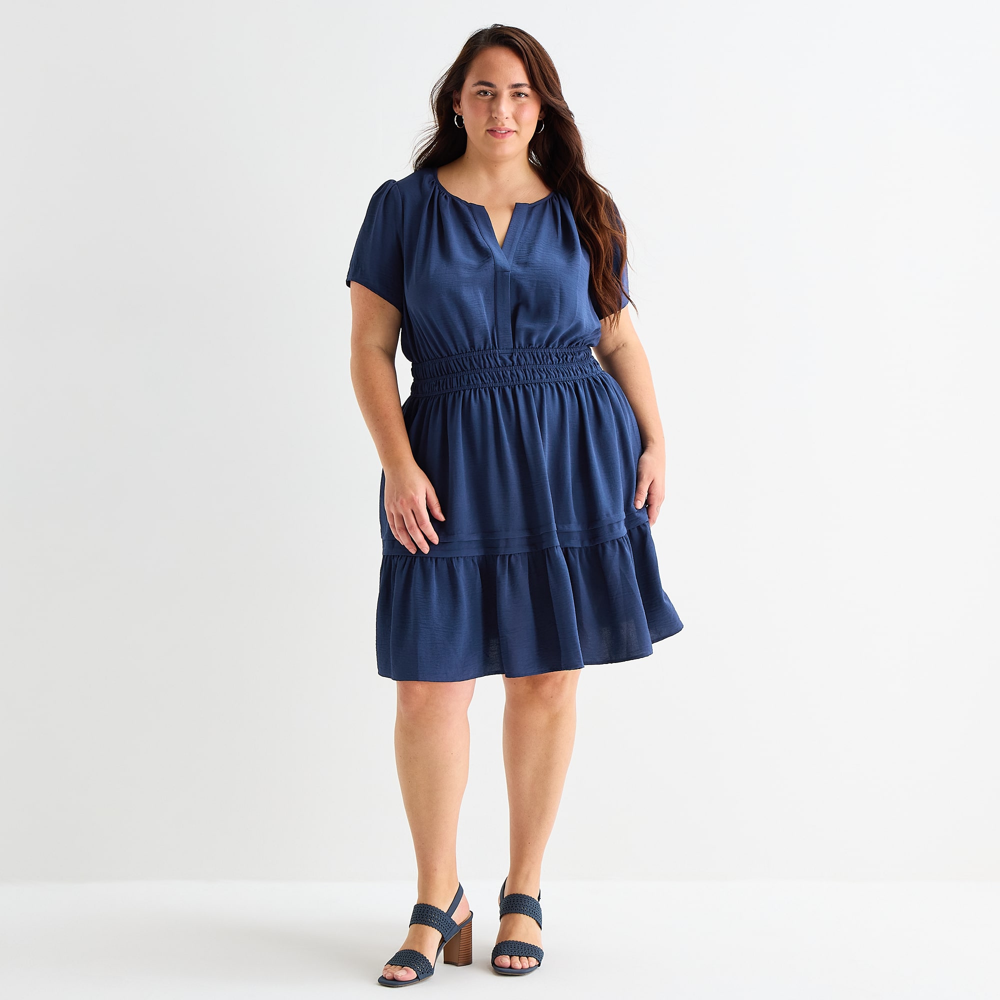 Be by CHETTA B Womens Plus Split Crew Neck Short Sleeve Fitted Fit + Flare Dress
