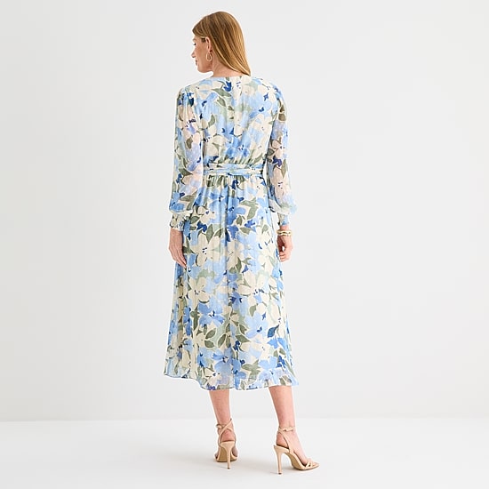 Black Label by Evan-Picone Womens Midi V Neck Long Sleeve Smocked Sleeve Floral Fit + Flare Dress